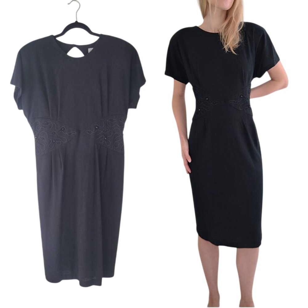 80s VTG Little Black Short Sleeve Wool Dress Knee-Length LEO NARDUCCI Medium/Lg